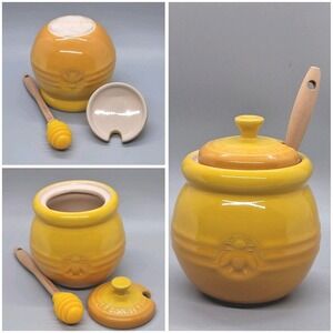 Le Creuset Honey Pot Stoneware With Lid & Original Dipper Yellow Discontinued